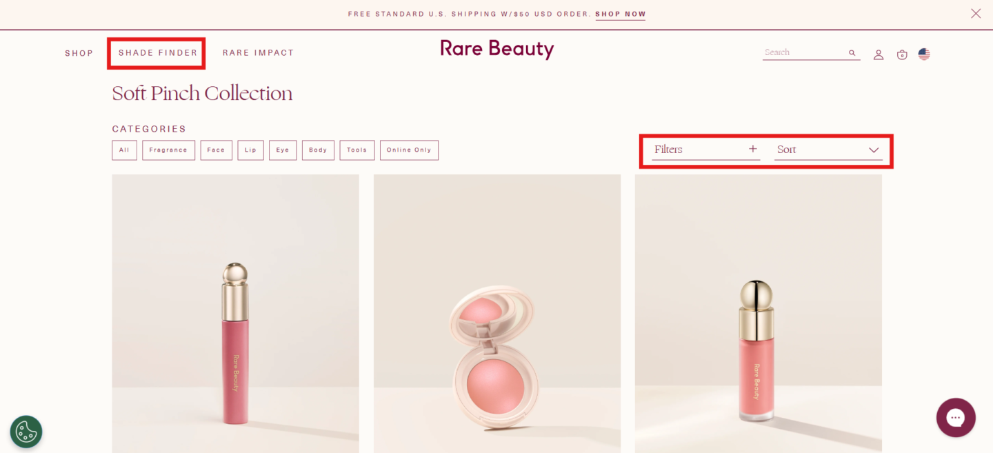 Successful Shopify store Rare Beauty bestsellers page