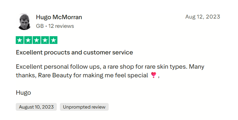Shopify stores: A customer review by Hugo McMorran praises Rare Beauty for excellent products, customer service, and personal follow-ups, mentioning appreciation for rare skin type products. The review includes 5 stars and a heart emoji.