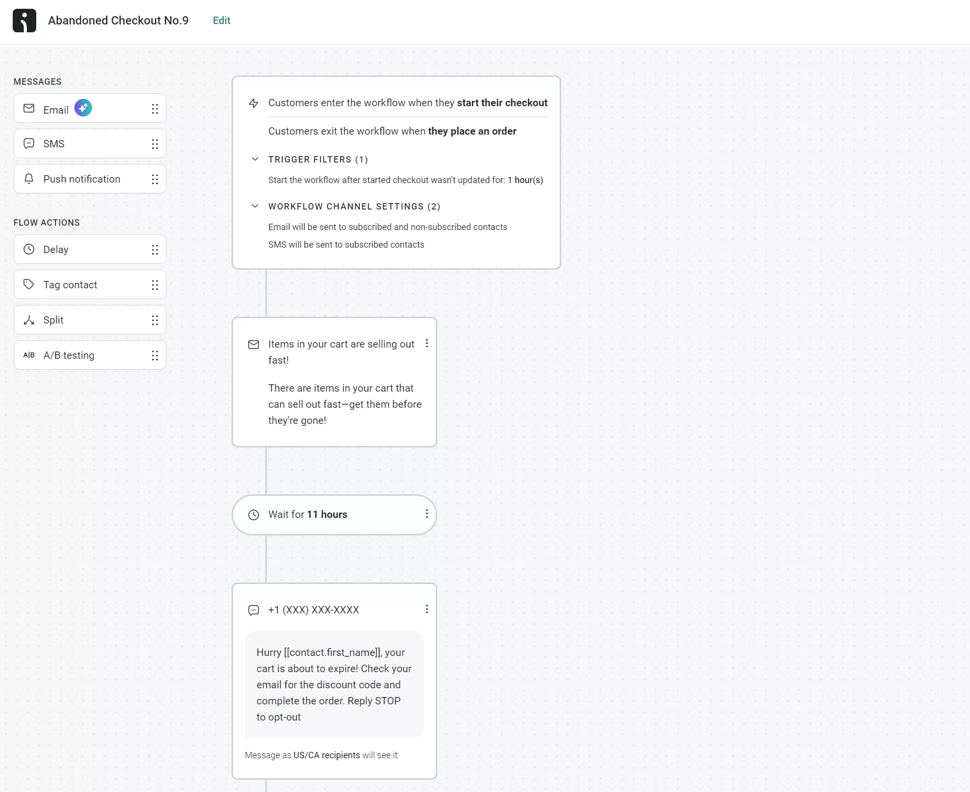 Omnisedn abandoned checkout workflow with email alert, delay, and cart-reminder SMS steps