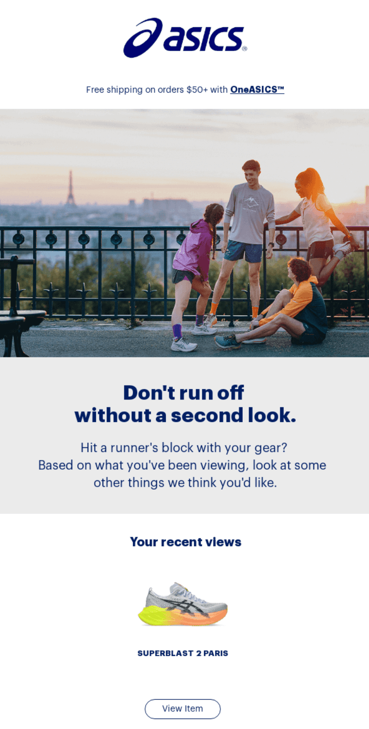 Email marketing campaign: A group of four people in athletic wear sit and stand near a railing overlooking a city with the Eiffel Tower visible in the background; the ASICS logo and promotional text appear above and below the image.