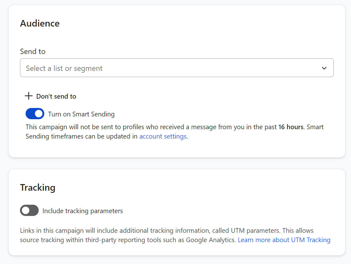 Klaviyo audience settings screen with list selection, smart sending toggle, and tracking options