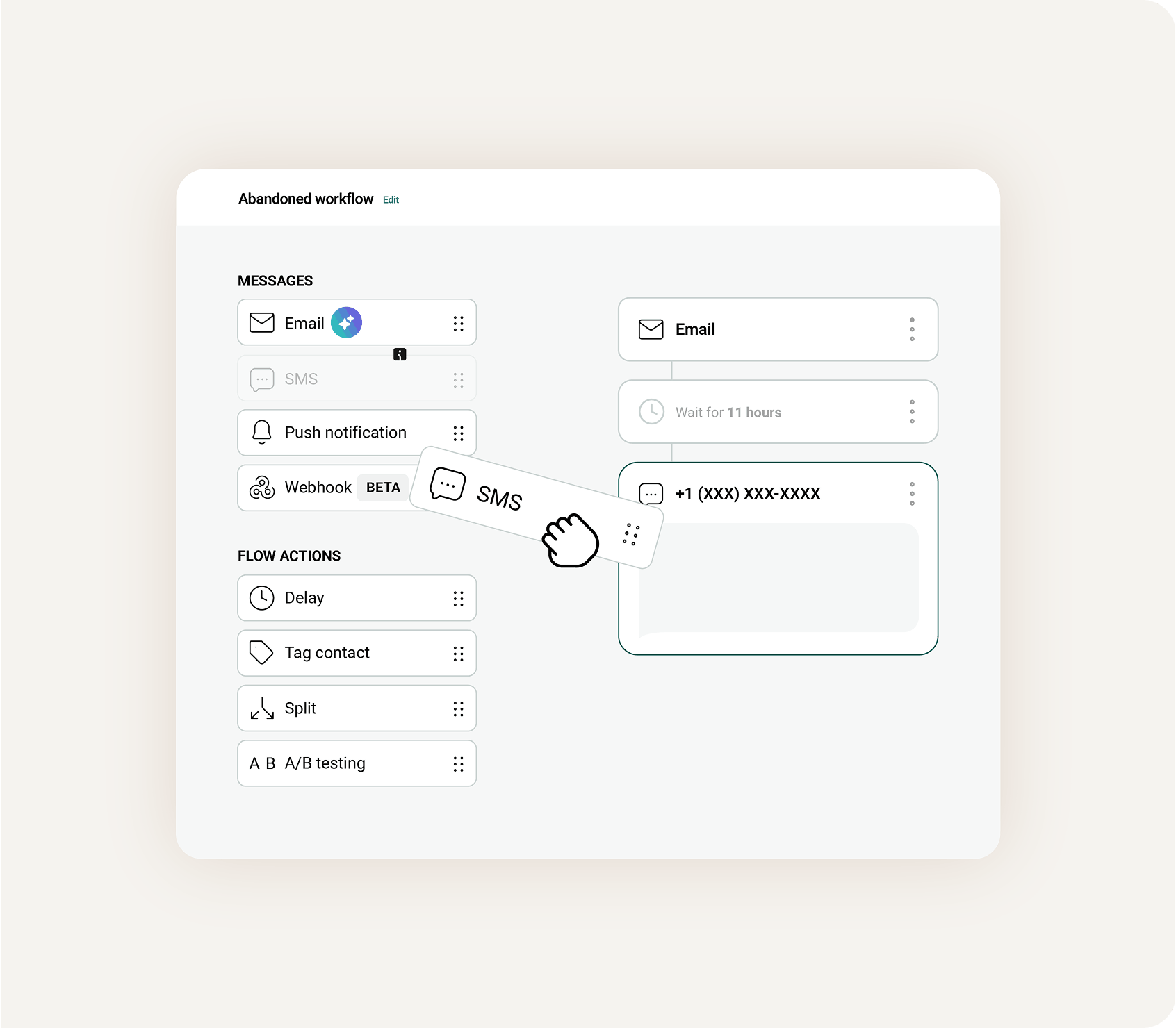 Omnisend builder showing an abandoned workflow with email, delay, and SMS