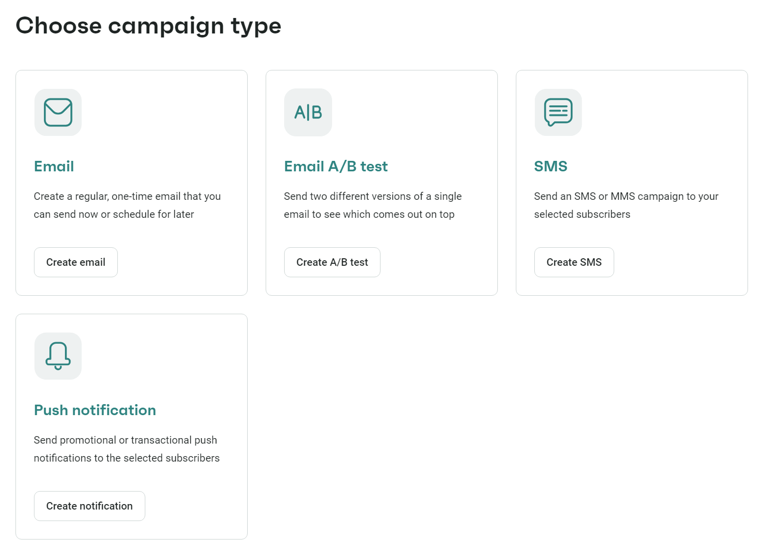 Omnisend campaign type selection screen showing email, A/B test, SMS and push options