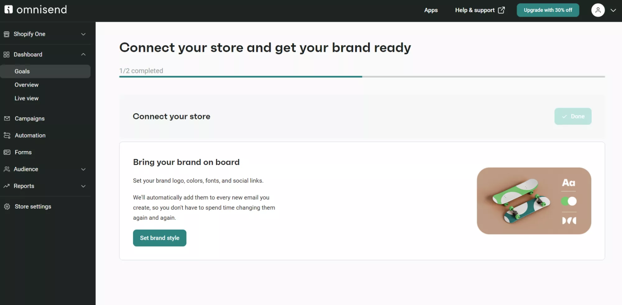 Omnisend onboarding screen showing store connection progress and brand style setup options