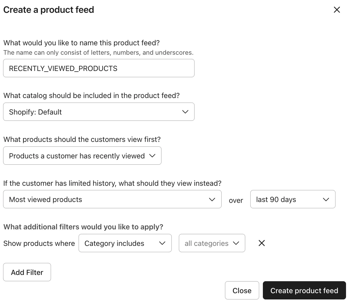 Omnisend create product feed setup showing recently viewed and most viewed product filters