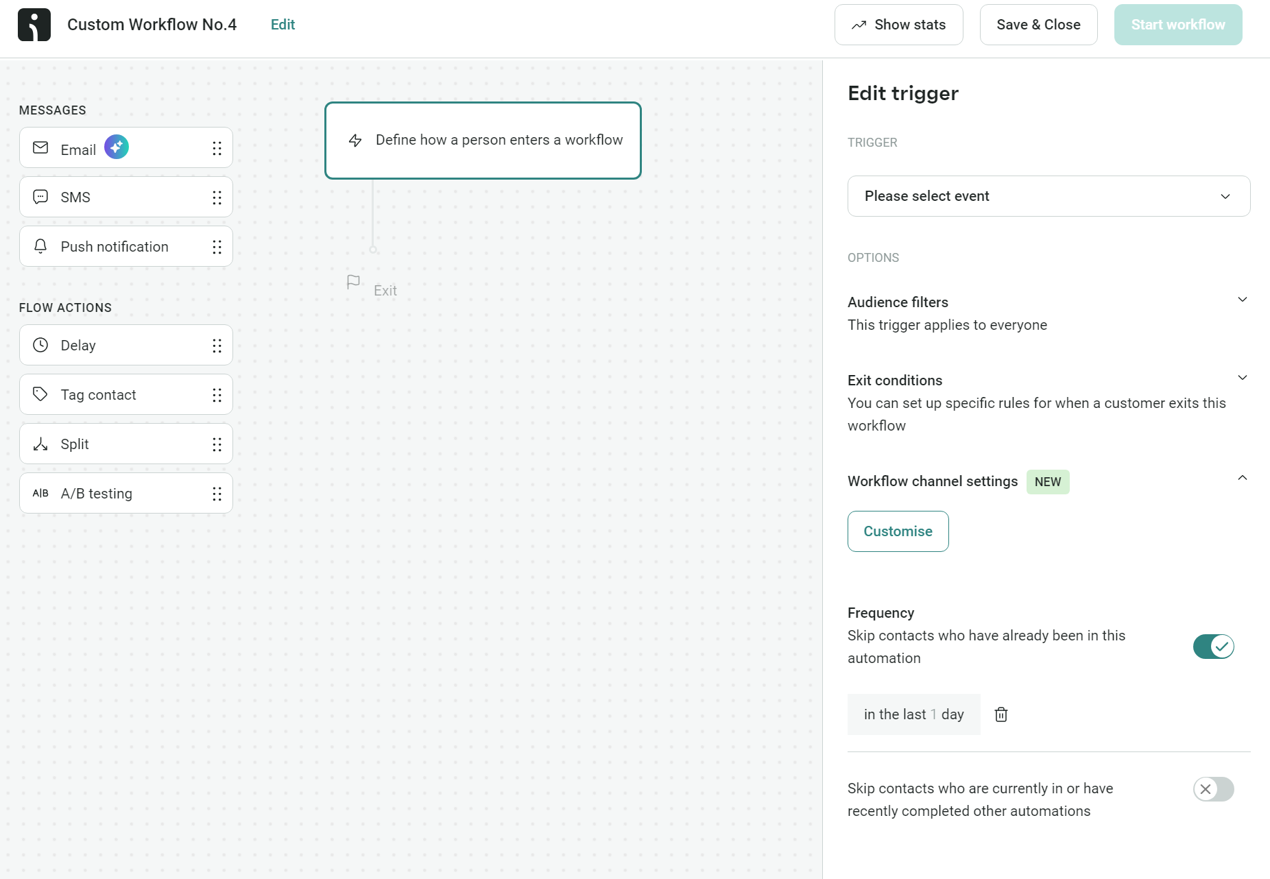 Omnisend custom workflow editor showing trigger setup, message types, and flow action options