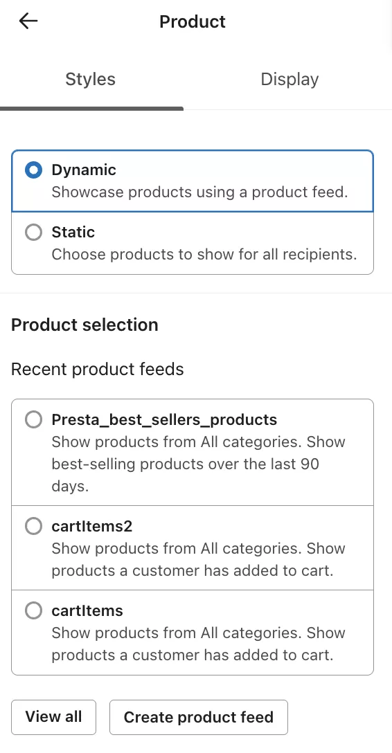 Klaviyo dynamic product feed selector showing recent feeds for best sellers and cart items