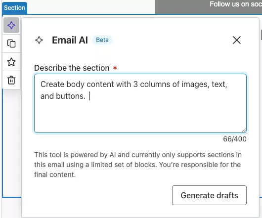 Klaviyo Email AI popup for generating a 3-column section with images, text, and buttons