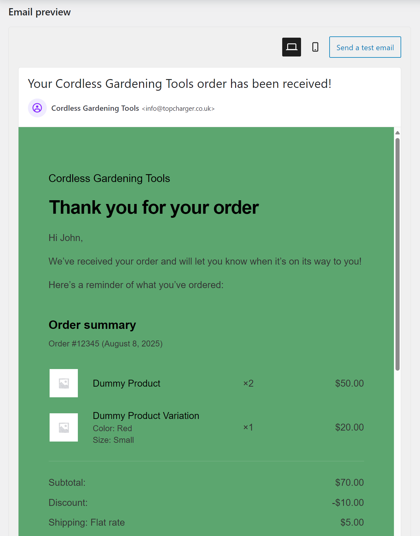 WooCommerce order conformation email preview