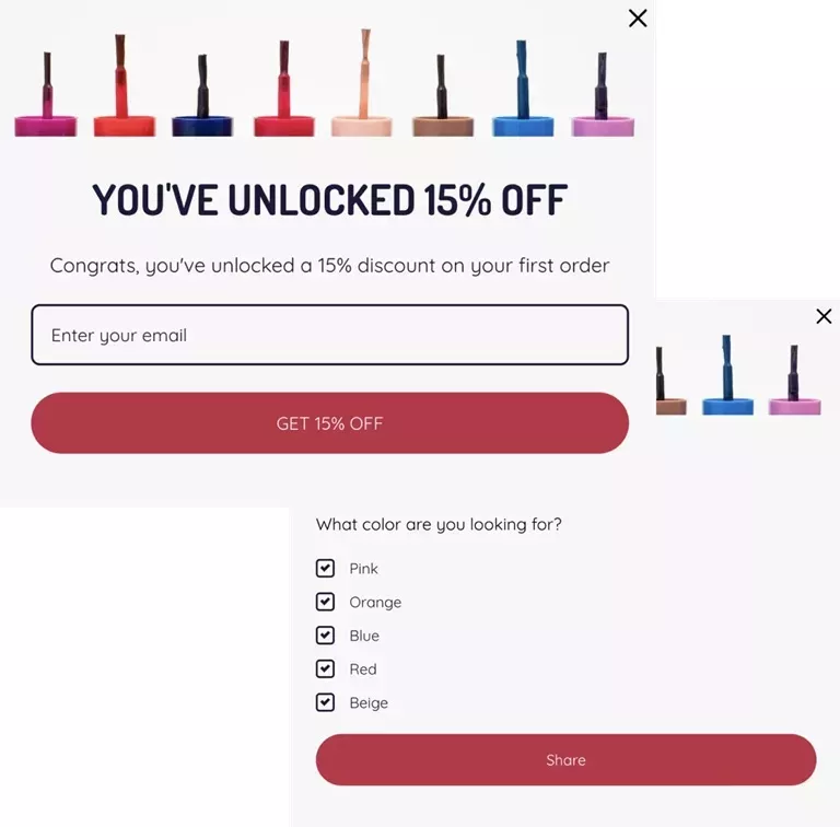 Email list building popup offering 15% off first order with product quiz and email signup