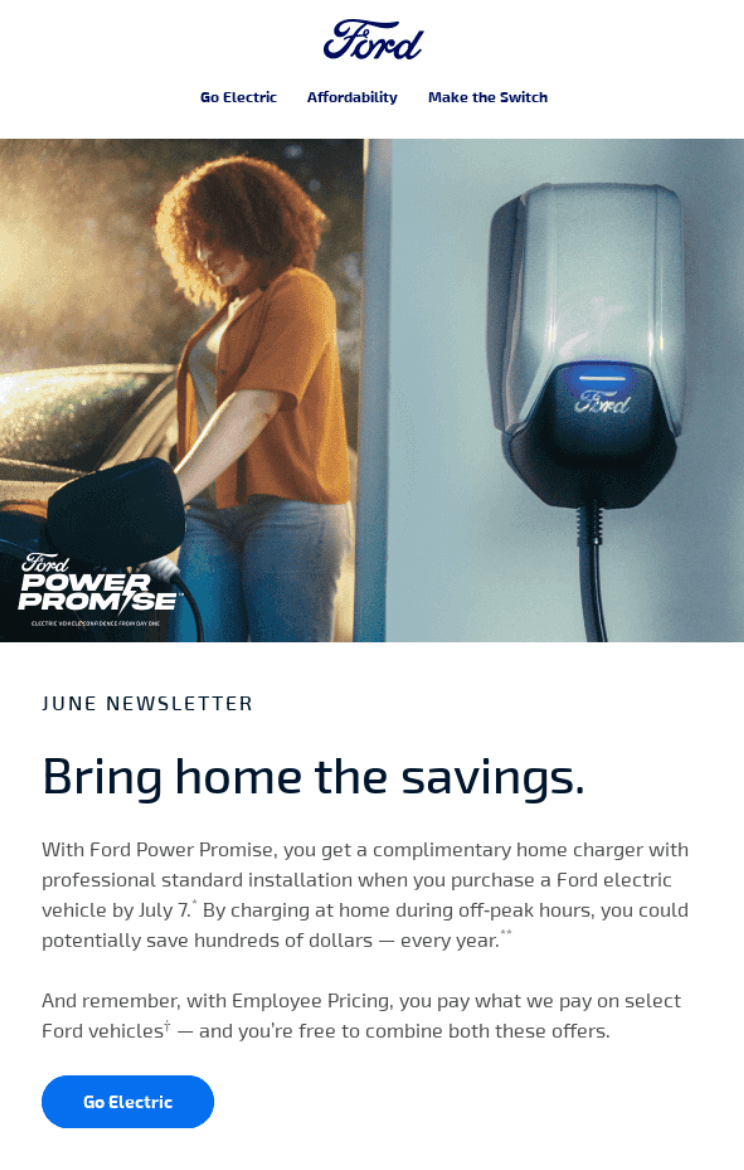Email marketing campaign: A woman charges her Ford electric vehicle at home using a wall-mounted Ford charger. Text promotes Ford Power Promise and savings on home charger installation for Ford electric vehicles.