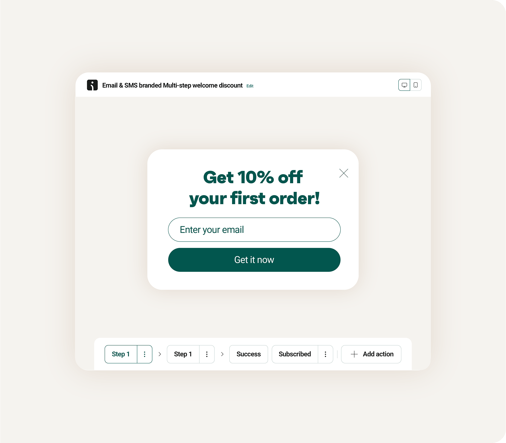 Omnisend forms builder showing a branded welcome popup with an email signup discount offer