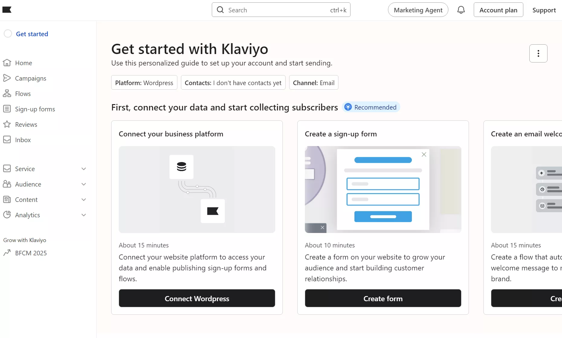 Klaviyo onboarding dashboard showing steps to connect platform, create sign-up form, and set up flows