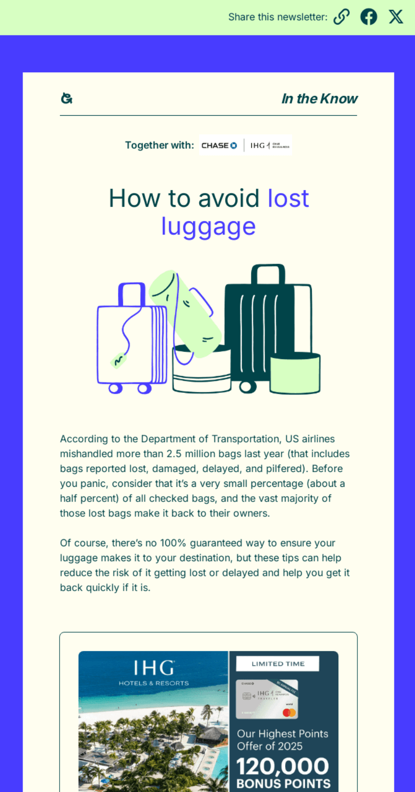 Email marketing campaign: A digital newsletter titled “How to avoid lost luggage” features illustrated suitcases, travel essentials, and text about airline luggage mishandling, along with a travel rewards promotion at the bottom.