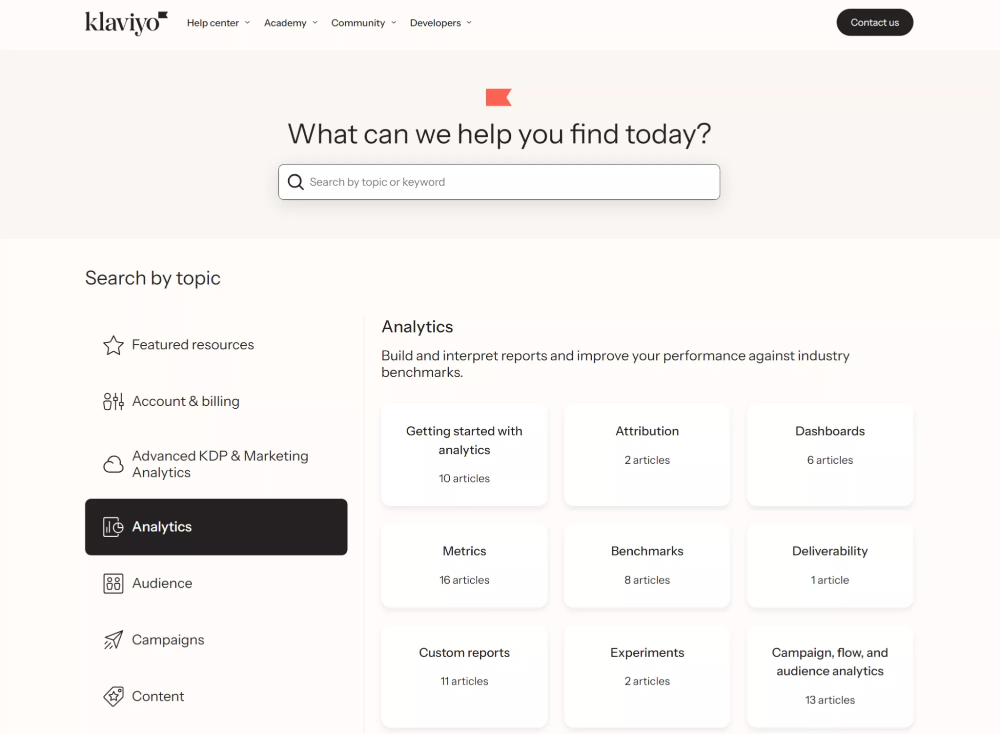 Klaviyo help center analytics section listing topics like dashboards, metrics, and benchmarks