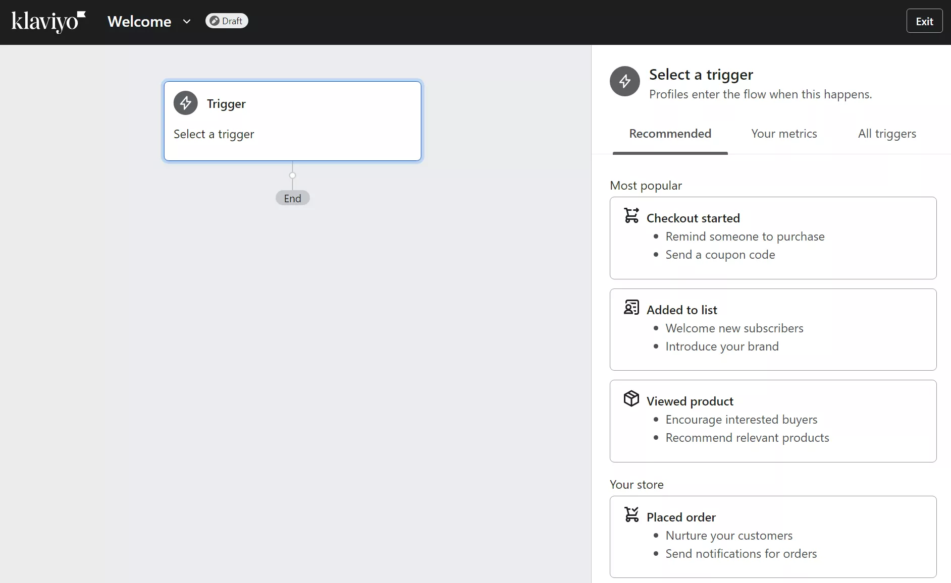Klaviyo trigger selection screen showing checkout, list signup, product view, and order triggers