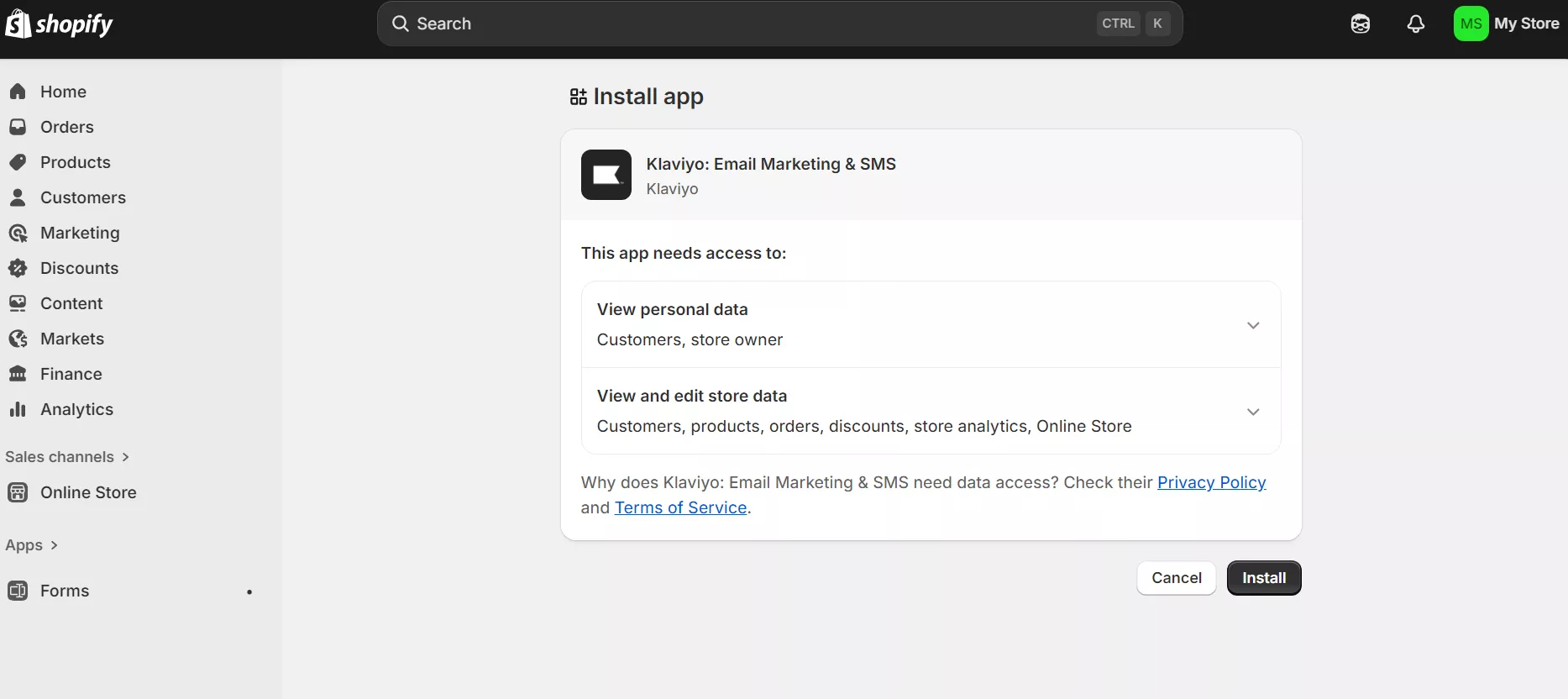 Shopify app install screen showing Klaviyo Email Marketing & SMS data access permissions