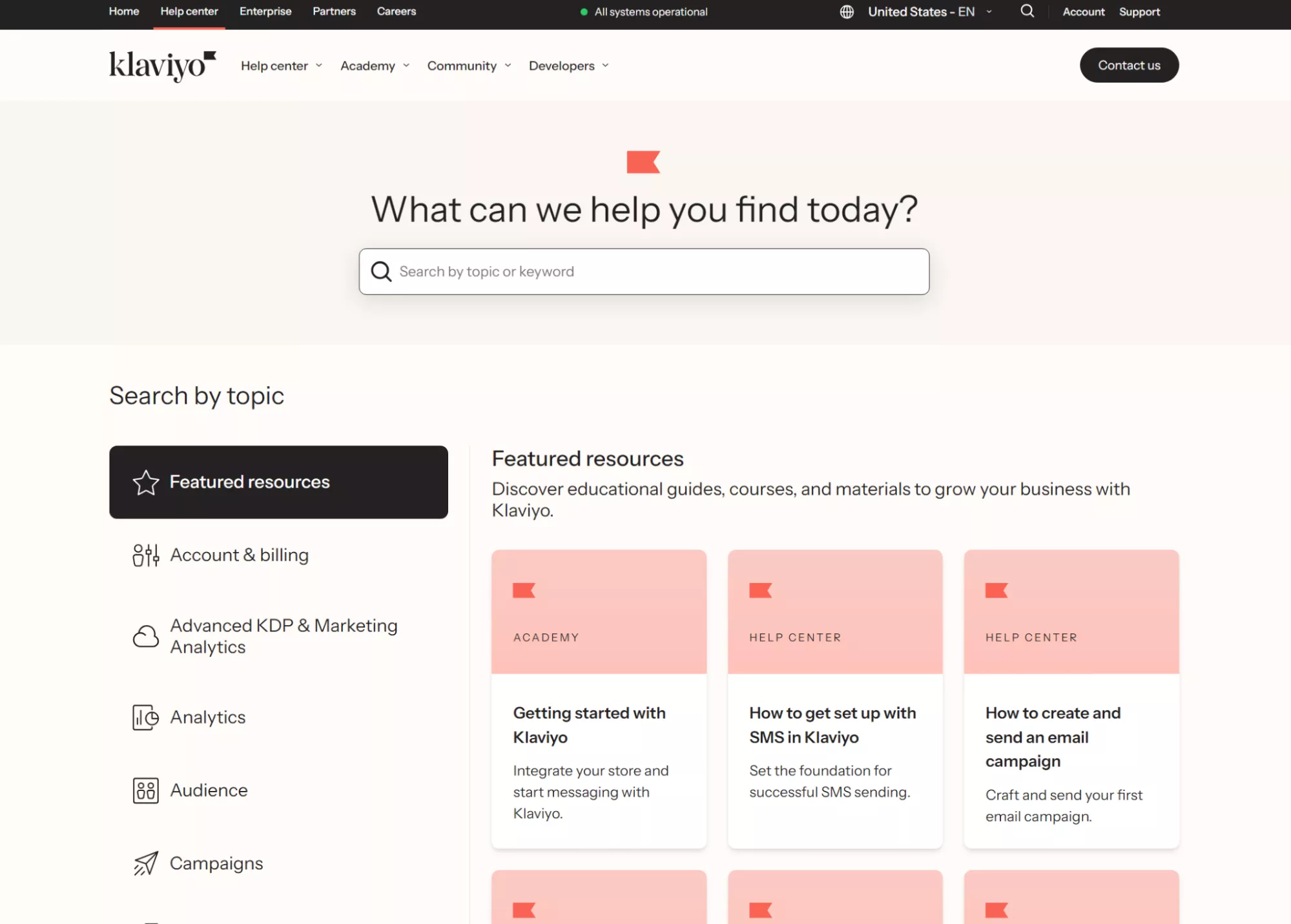 Klaviyo help center homepage with search bar and featured resources list
