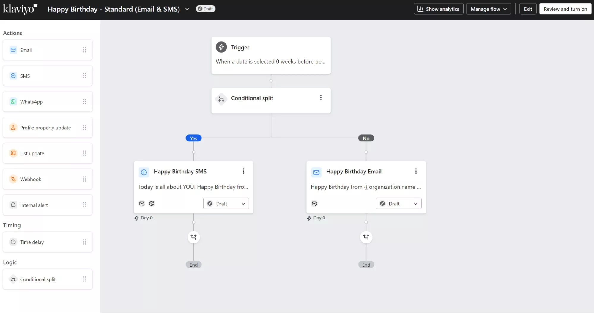 Klaviyo birthday flow with date trigger splitting into SMS and email birthday messages