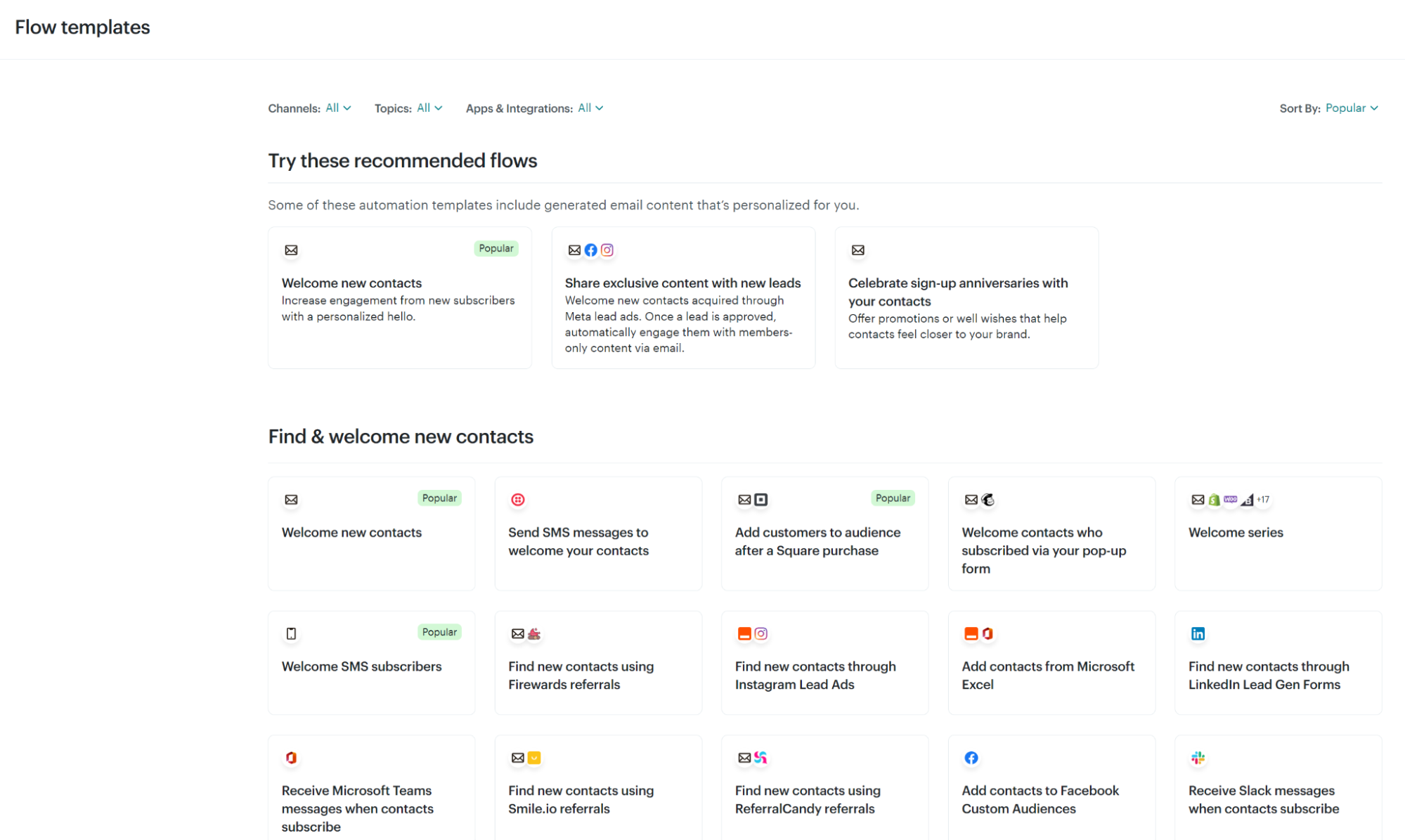 Omnisend vs. Mailchimp: A webpage displays Flow templates with sections for recommended automation flows and templates to find and welcome new contacts. Each template is shown as a card with a title, brief description, and status tags like Popular.