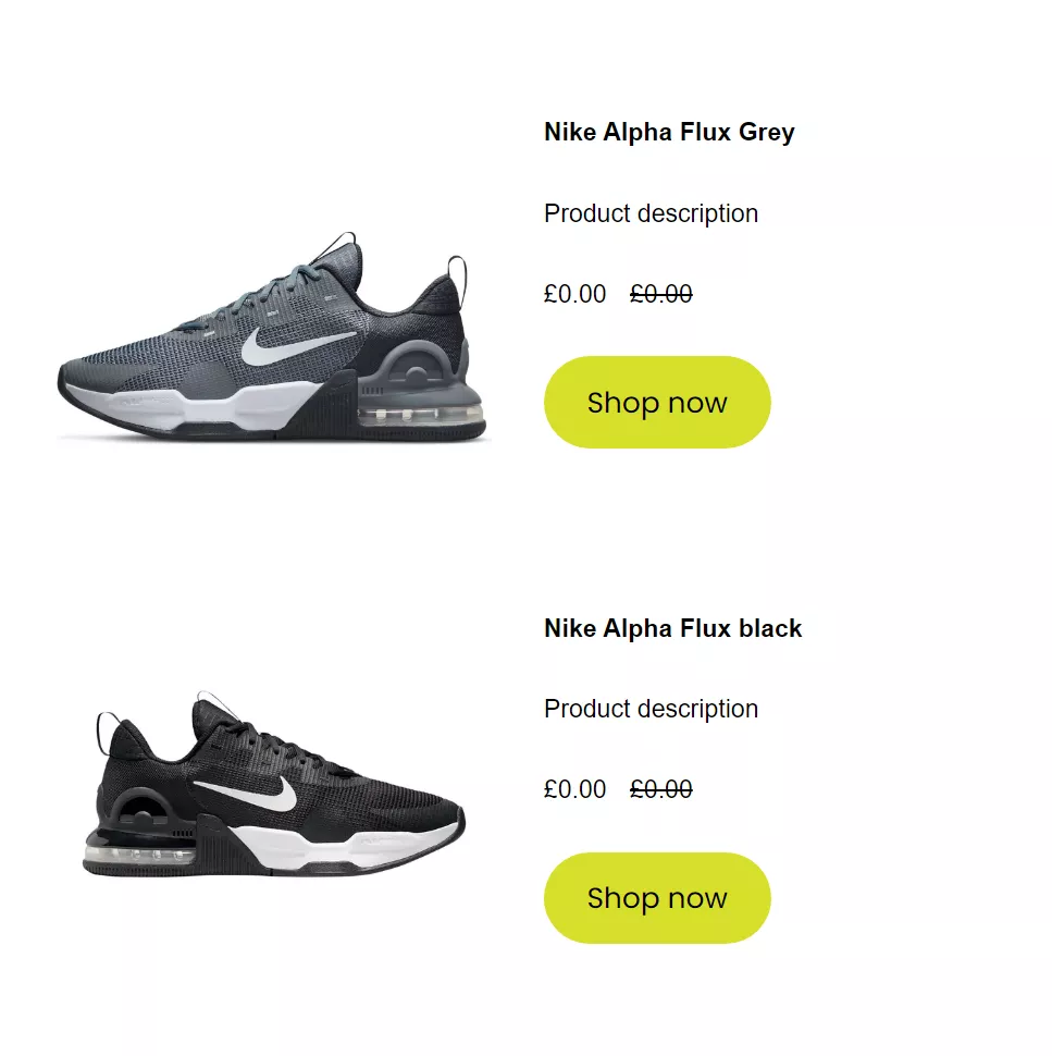 Omnisend product listing options: Nike Alpha Flux sneakers in grey and black with prices and bright yellow “Shop now” buttons