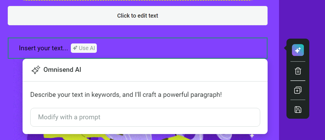 Omnisend AI text generator panel prompting users to create email copy with keywords