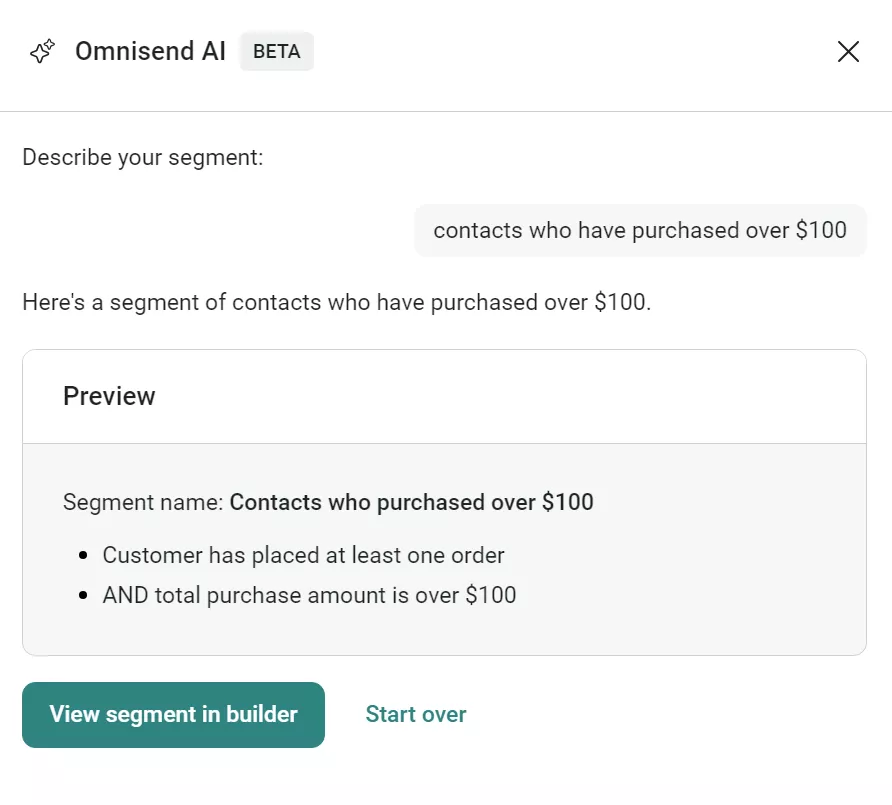 Omnisend AI segment builder preview showing contacts who purchased over $100