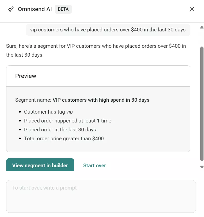 Omnisend AI showing VIP customer segment preview with filters for high spend in last 30 days
