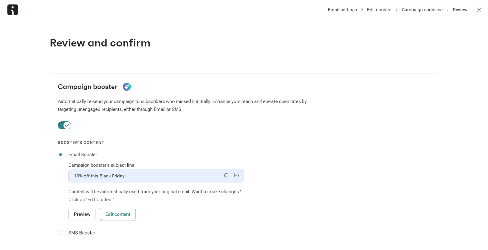 Omnisend campaign booster review screen showing email resend setup and Black Friday subject line