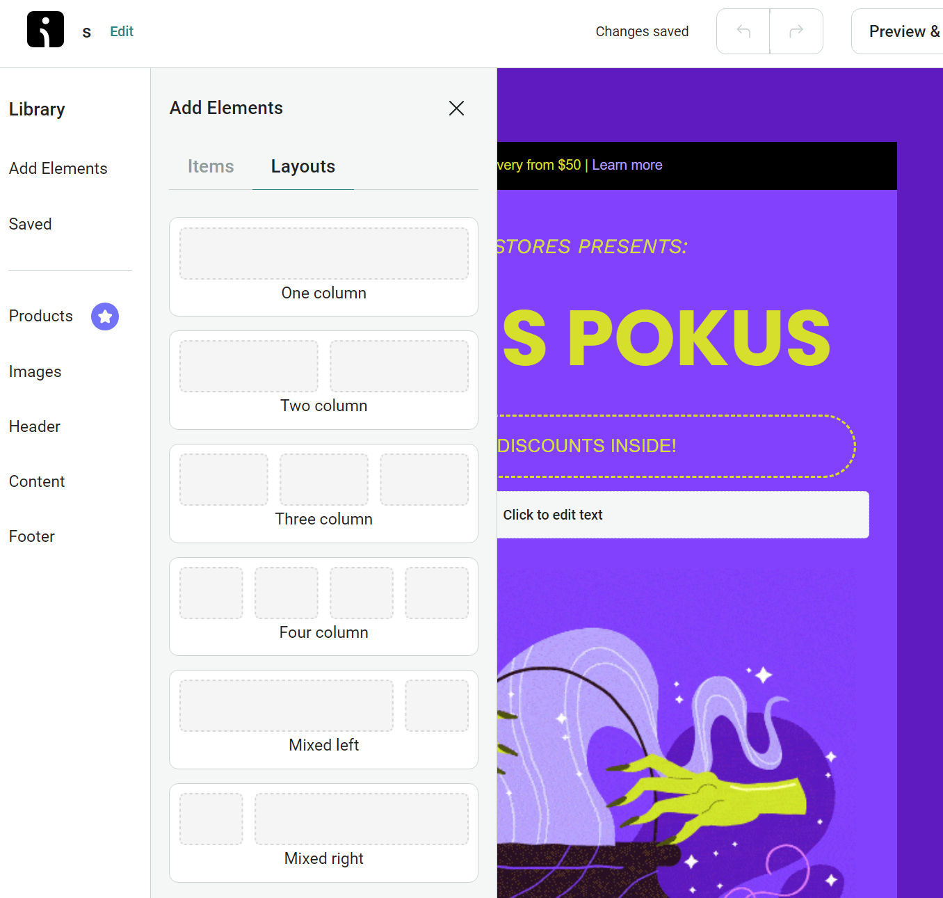 Omnisend email editor layout options panel with column and mixed layout blocks