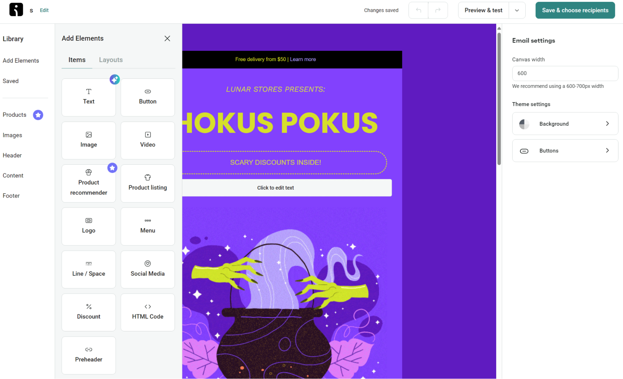 Omnisend email builder showing Halloween template with drag-and-drop elements and design settings