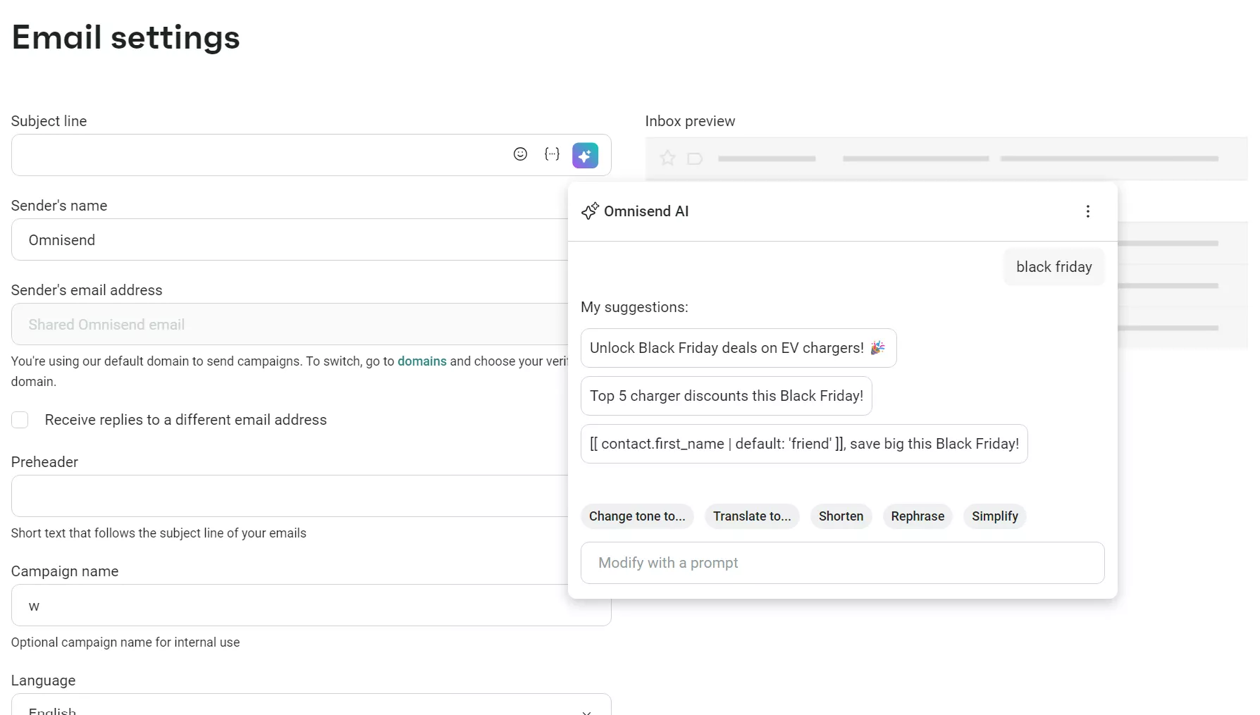 Omnisend email settings with AI subject line suggestions for Black Friday campaign