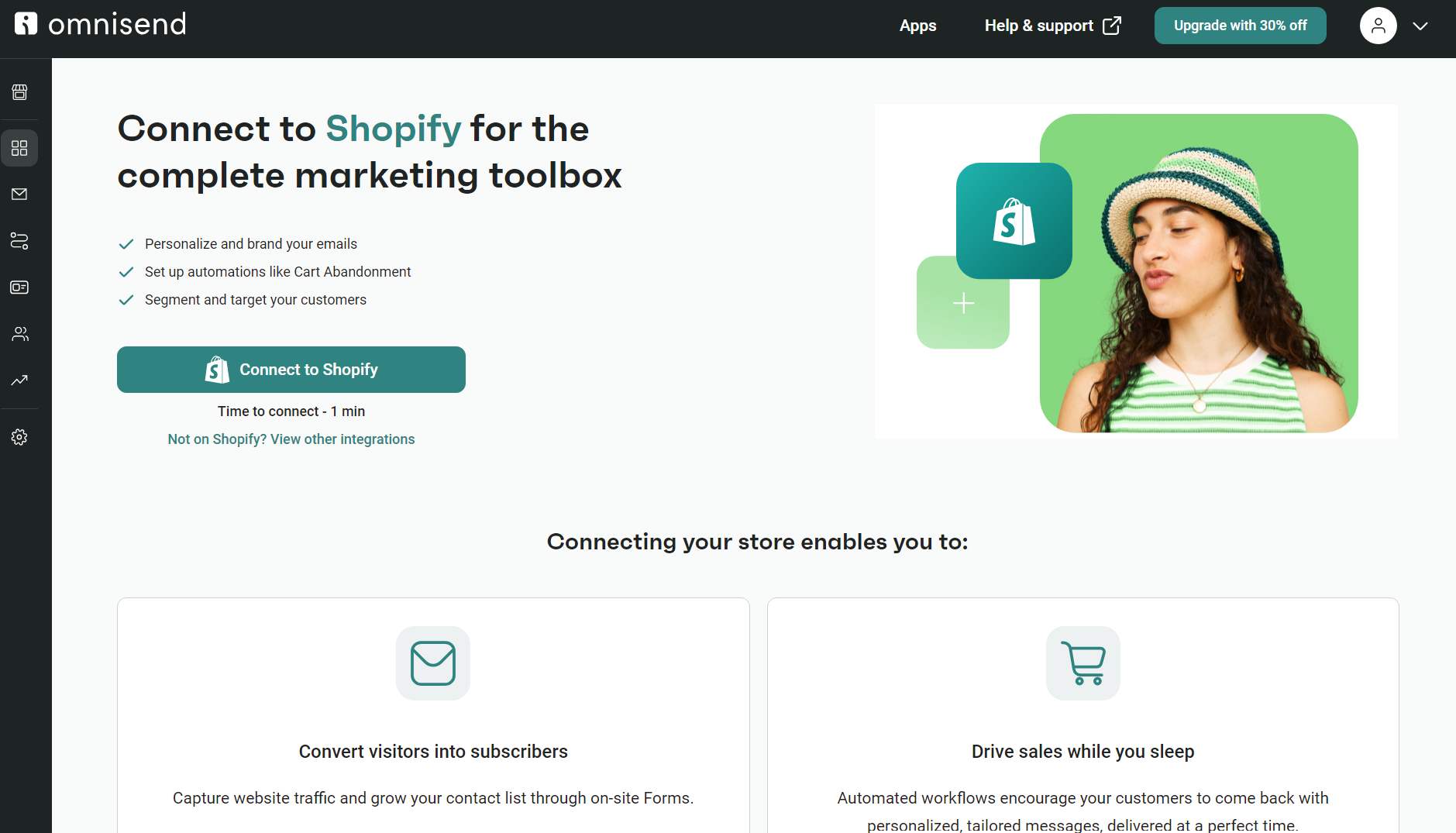 Omnisend Shopify connection screen with CTA button and benefits for ecommerce marketing setup