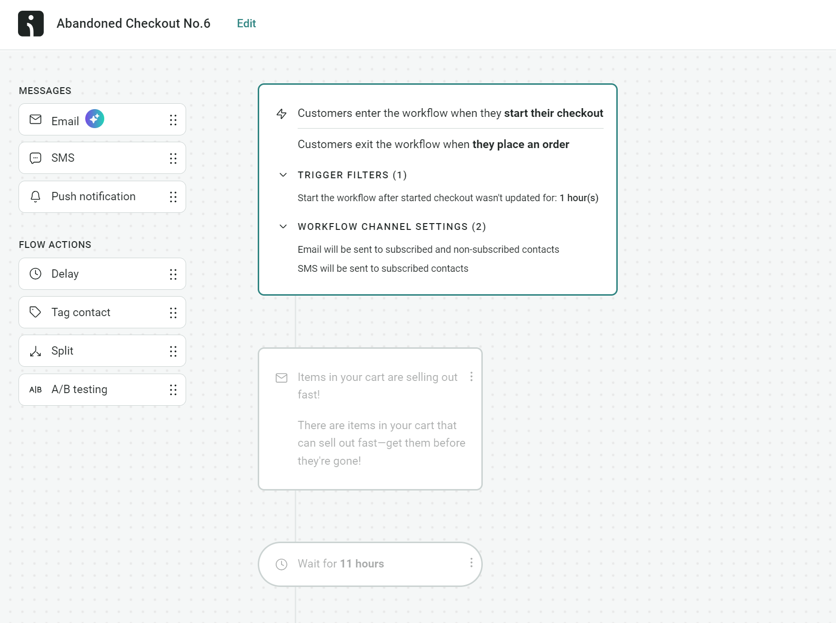 Omnisend vs. Mailchimp: A marketing automation workflow titled Abandoned Checkout No. 6 is shown. The workflow starts when a customer begins checkout, triggers an email, and includes a delay and message block for abandoned cart recovery.