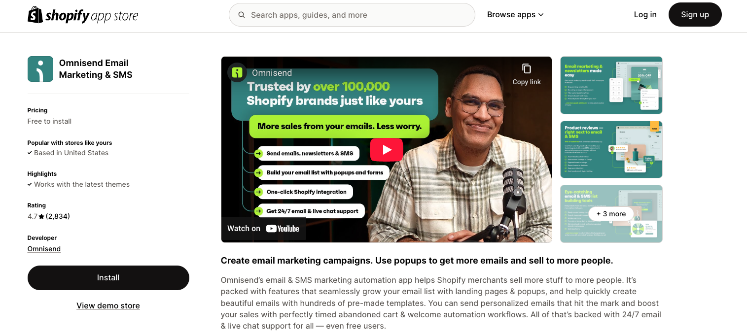 Omnisend app page on Shopify App Store