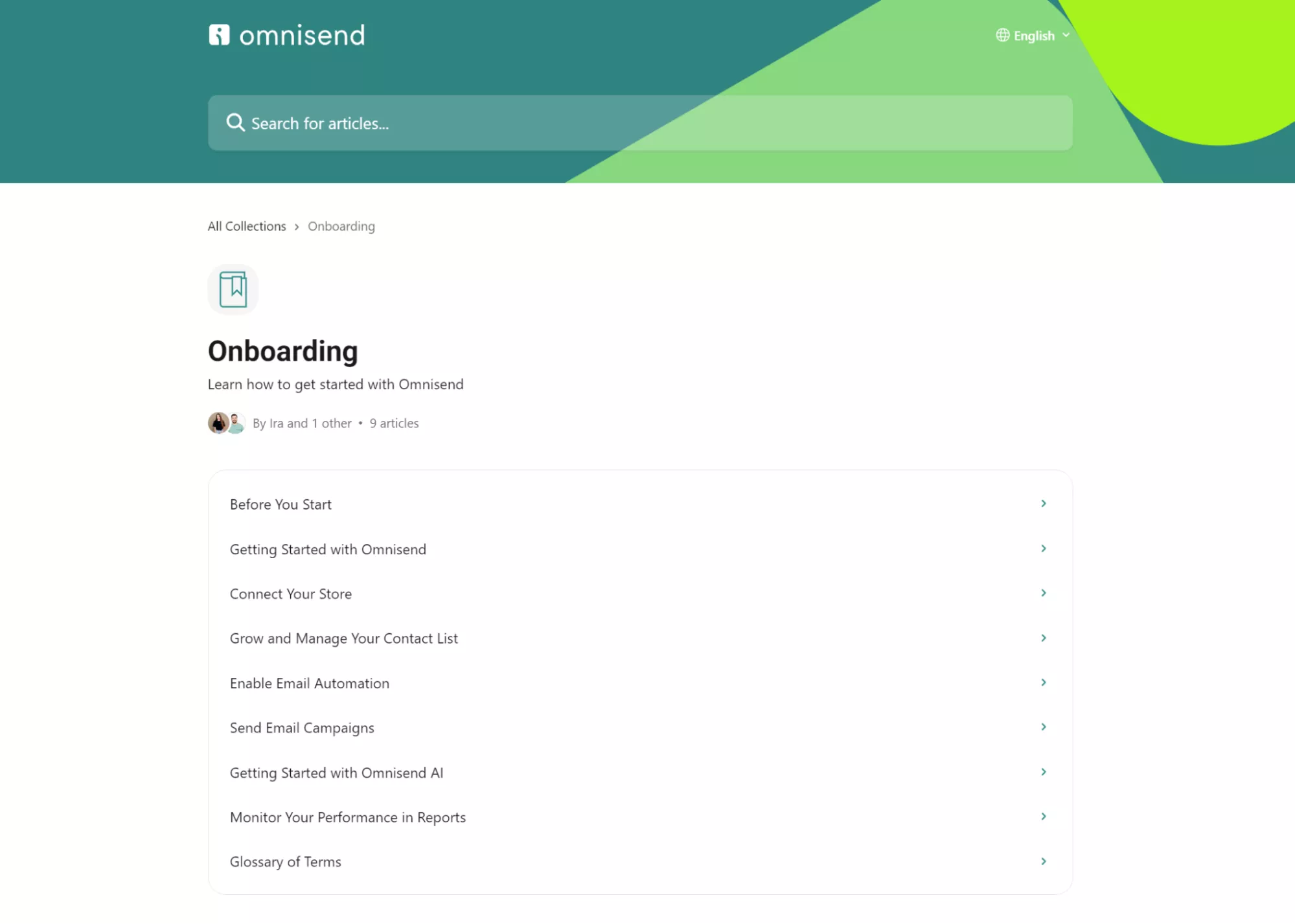 Omnisend onboarding help page listing setup and getting started articles