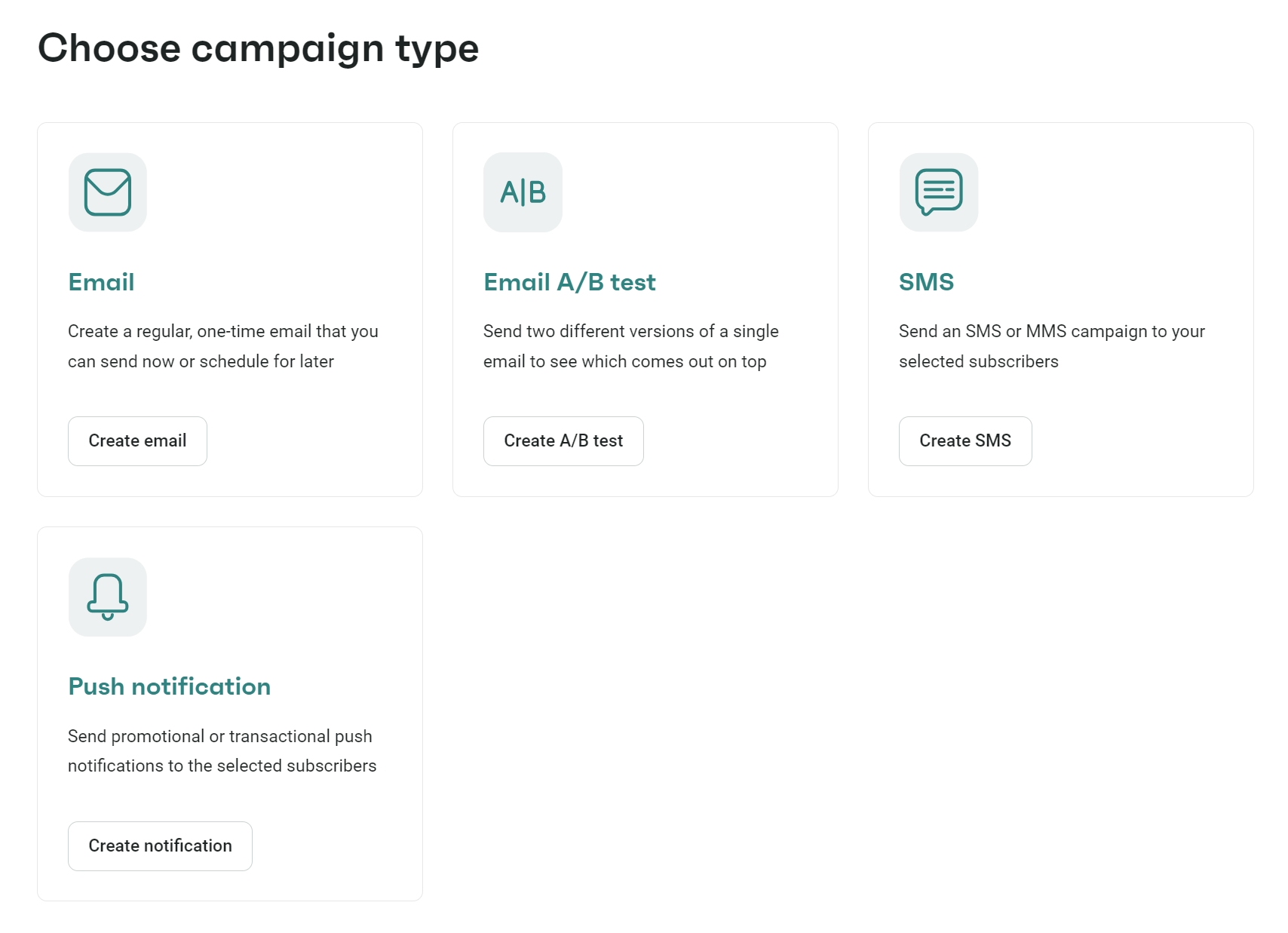 Omnisend vs. Mailchimp: A webpage section titled Choose campaign type displays four options: Email, Email A/B test, SMS, and Push notification, each with a brief description and a button to create or send the selected campaign.
