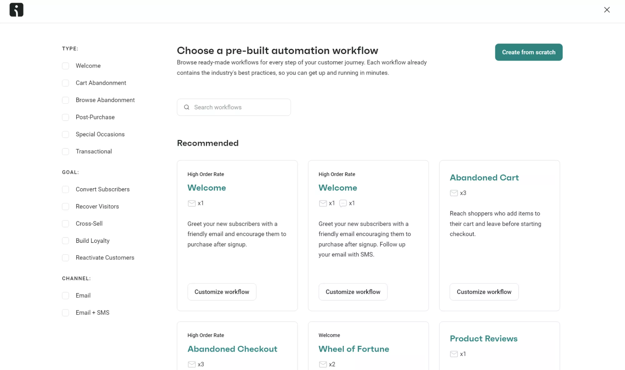 Omnisend email marketing automation workflow dashboard with recommended welcome and abandoned cart flows
