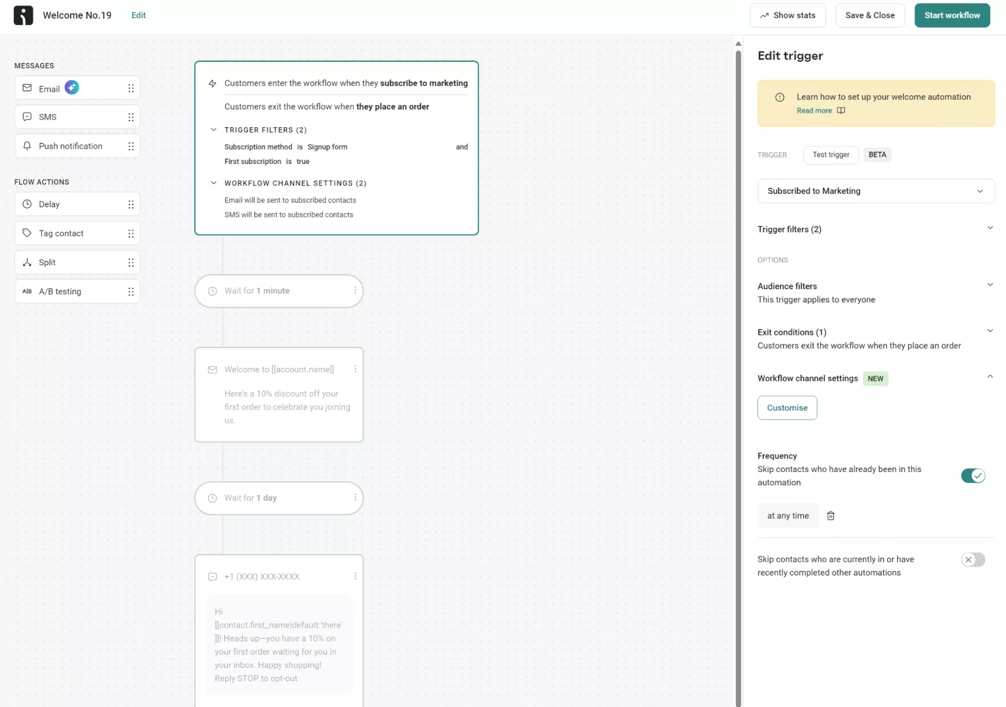 Omnisend welcome flow showing marketing subscription trigger, email and SMS steps, and delay actions