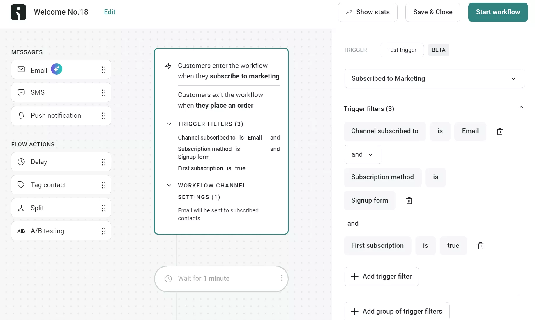 Omnisend welcome flow editor showing marketing subscription trigger filters and workflow actions