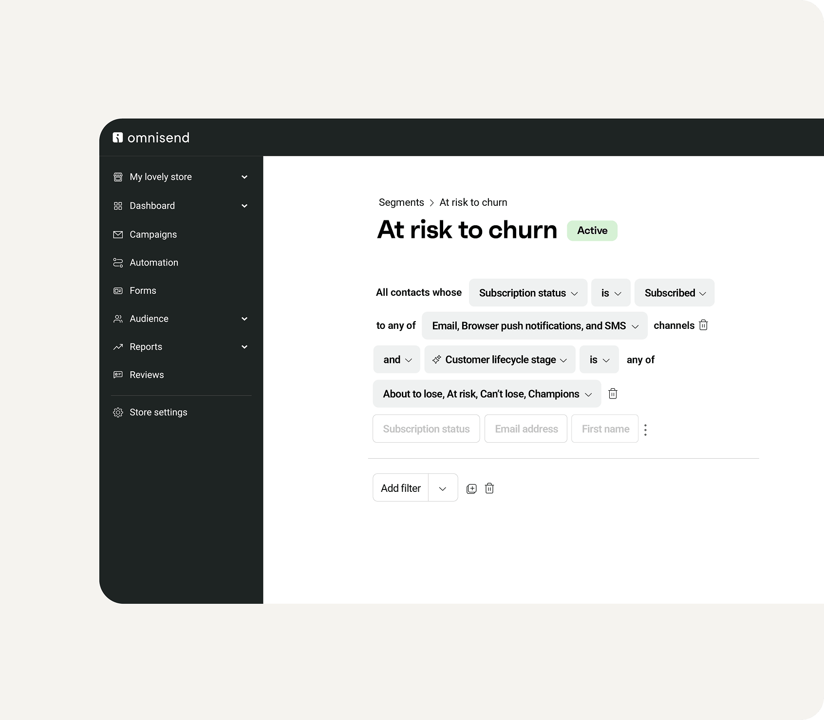 Omnisend segmentation showing an at-risk-to-churn audience segment