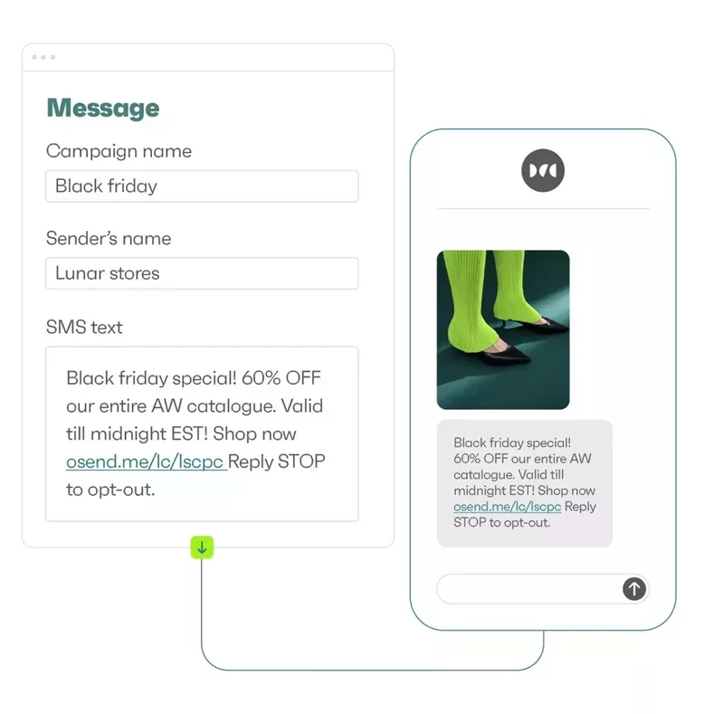 Email list building SMS campaign builder with Black Friday message preview for ecommerce marketing